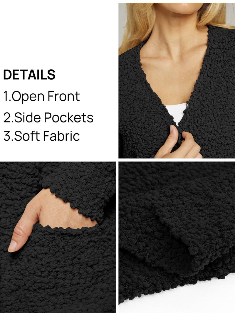 MEROKEETY Women's Long Sleeve Soft Chunky Knit Sweater Open Front Cardigan Outwear with Pockets,Black,Large - Image 5